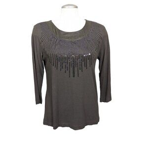 Chicos Size 1 US S 8 Womens Brown Sequin Front T Shirt Long Sleeve Stretch